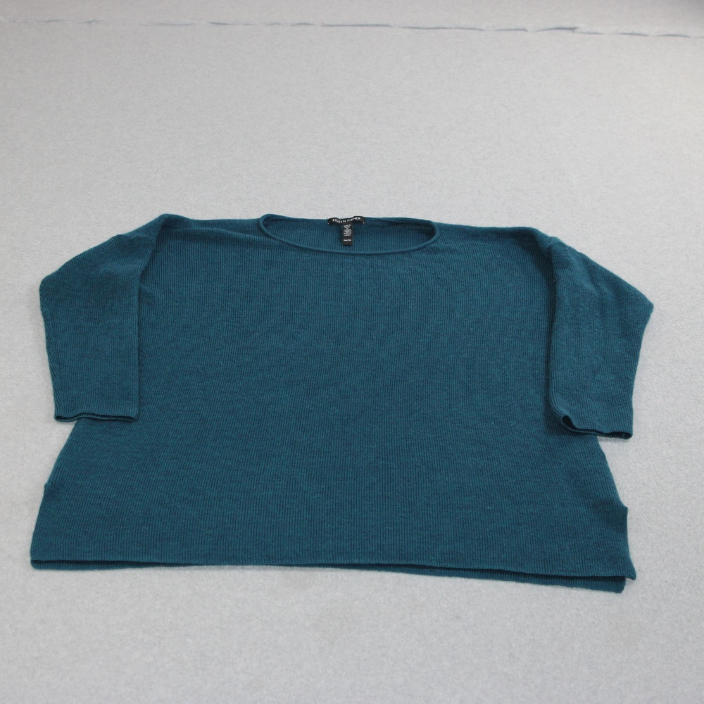 Eileen Fisher Merino Wool Sweater Women Petite Medium Blue Boat 3/4 Sleeve READ